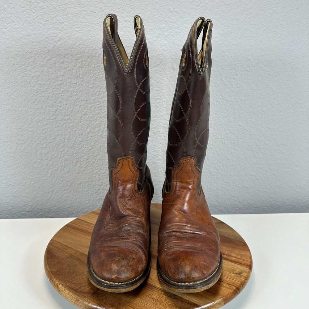 VTG Acme Western Cowboy Boots Brown Pull On Men's 9 D USA Round Toe Rodeo 2 Tone - Picture 5 of 10